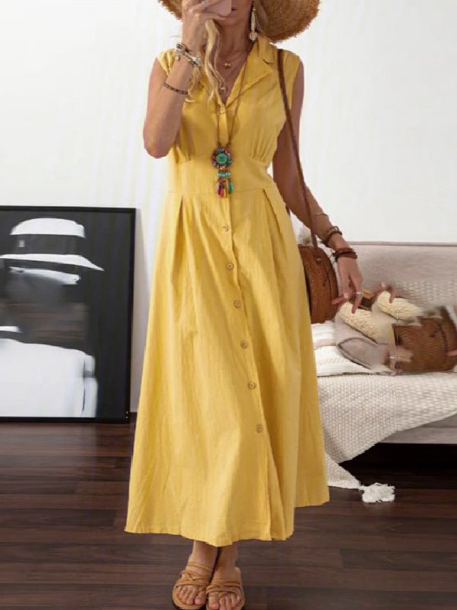 Lapel Vintage Button Sleeveless Dress