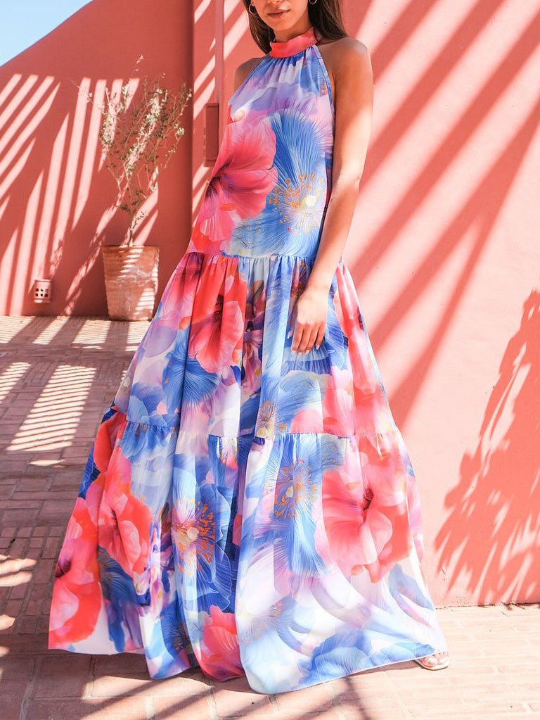 Floral Print Halter Neck Tiered Belted Maxi Dress
