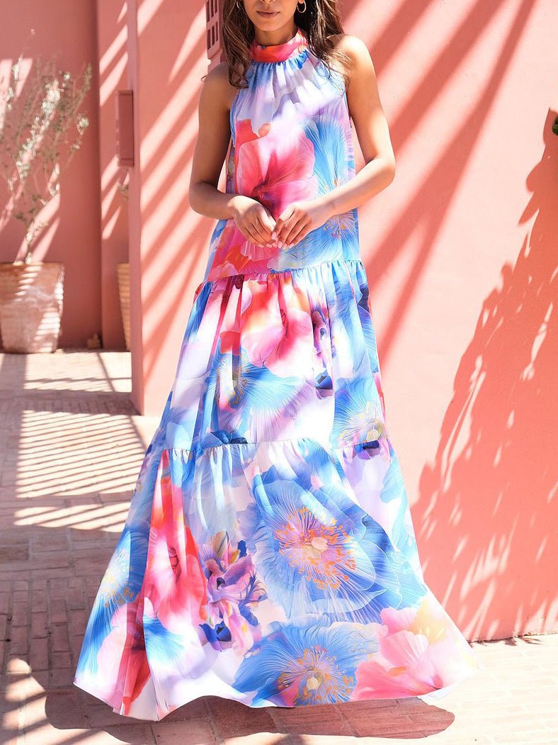 Floral Print Halter Neck Tiered Belted Maxi Dress