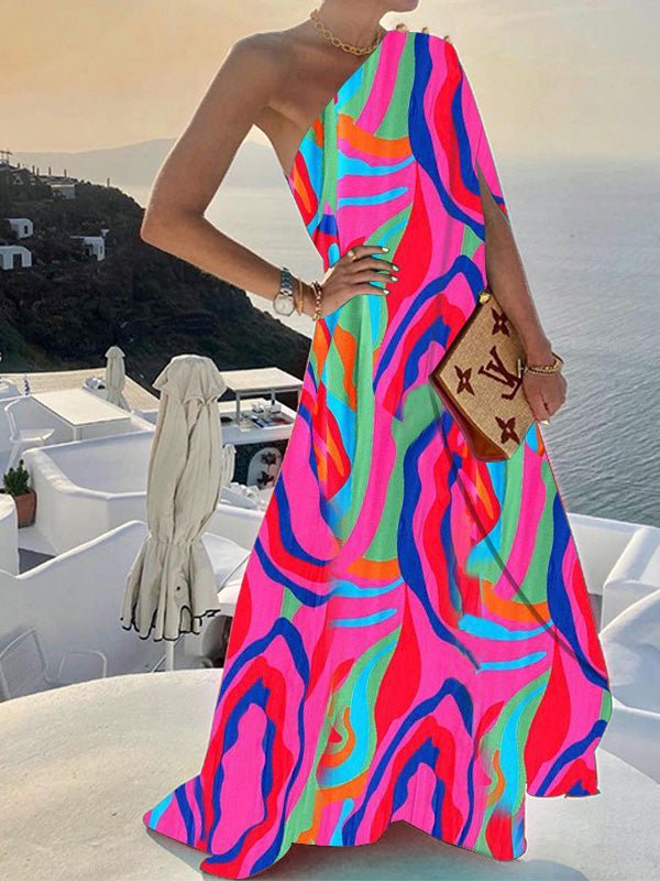 Floral Print One-Shoulder Swing A-Line Maxi Dress 4