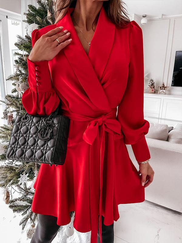 Satin Shawl Collar Puff Sleeve Tie-Waist Wrap Dress 3