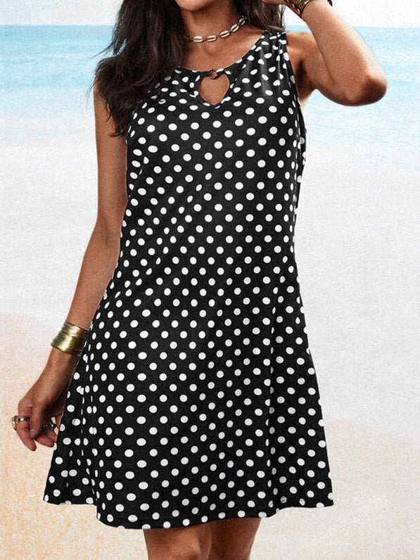 Polka Dot Print Crew Neck Sleeveless Dress - Fashionpara