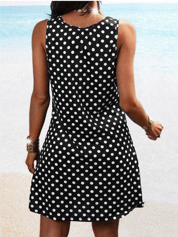 Polka Dot Print Crew Neck Sleeveless Dress - Fashionpara