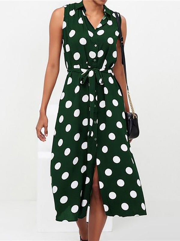 Polka Dot Print Lace-Up Sleeveless Shirt Dress - Fashionpara