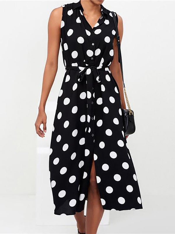 Polka Dot Print Lace-Up Sleeveless Shirt Dress - Fashionpara