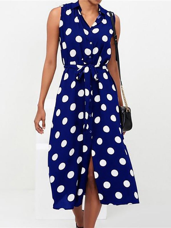Polka Dot Print Lace-Up Sleeveless Shirt Dress - Fashionpara
