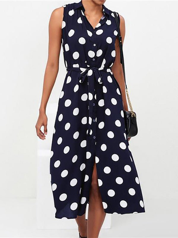 Polka Dot Print Lace-Up Sleeveless Shirt Dress - Fashionpara