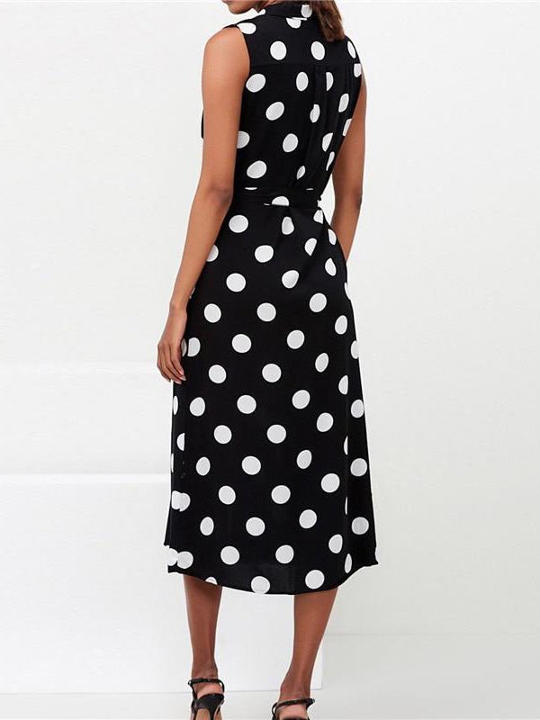 Polka Dot Print Lace-Up Sleeveless Shirt Dress - Fashionpara