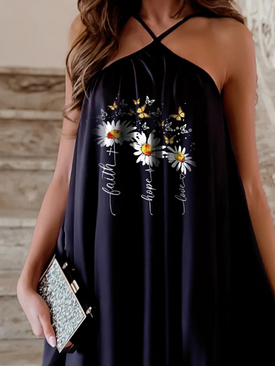 Printed Halter Neck Sleeveless Swing Mini Dress