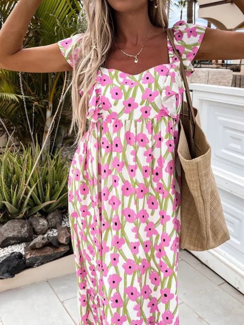 Printed Bare Back Ruffle Sleeve Dress