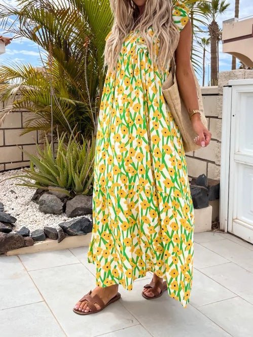 Printed Bare Back Ruffle Sleeve Dress