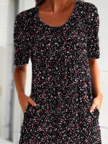 Printed Crew Neck Short Sleeve Pocket Dress