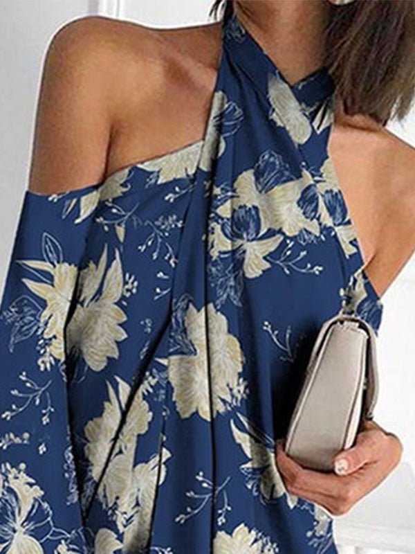 Floral Print Halter Neck Off Shoulder Long Sleeve Dress