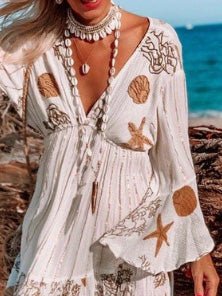 Embroidered V-Neck Bell Sleeve Tassel Beach Cover-Up