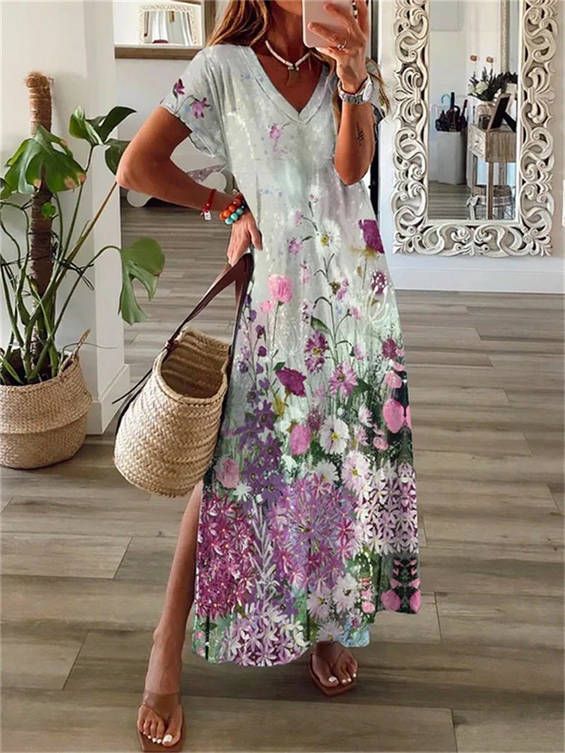 Printed V-Neck Short Sleeve Slit Dress Ins Street