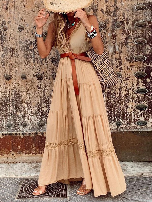 Lace Trim Deep V-Neck Tiered Crochet Inset Sleeveless Maxi Dress