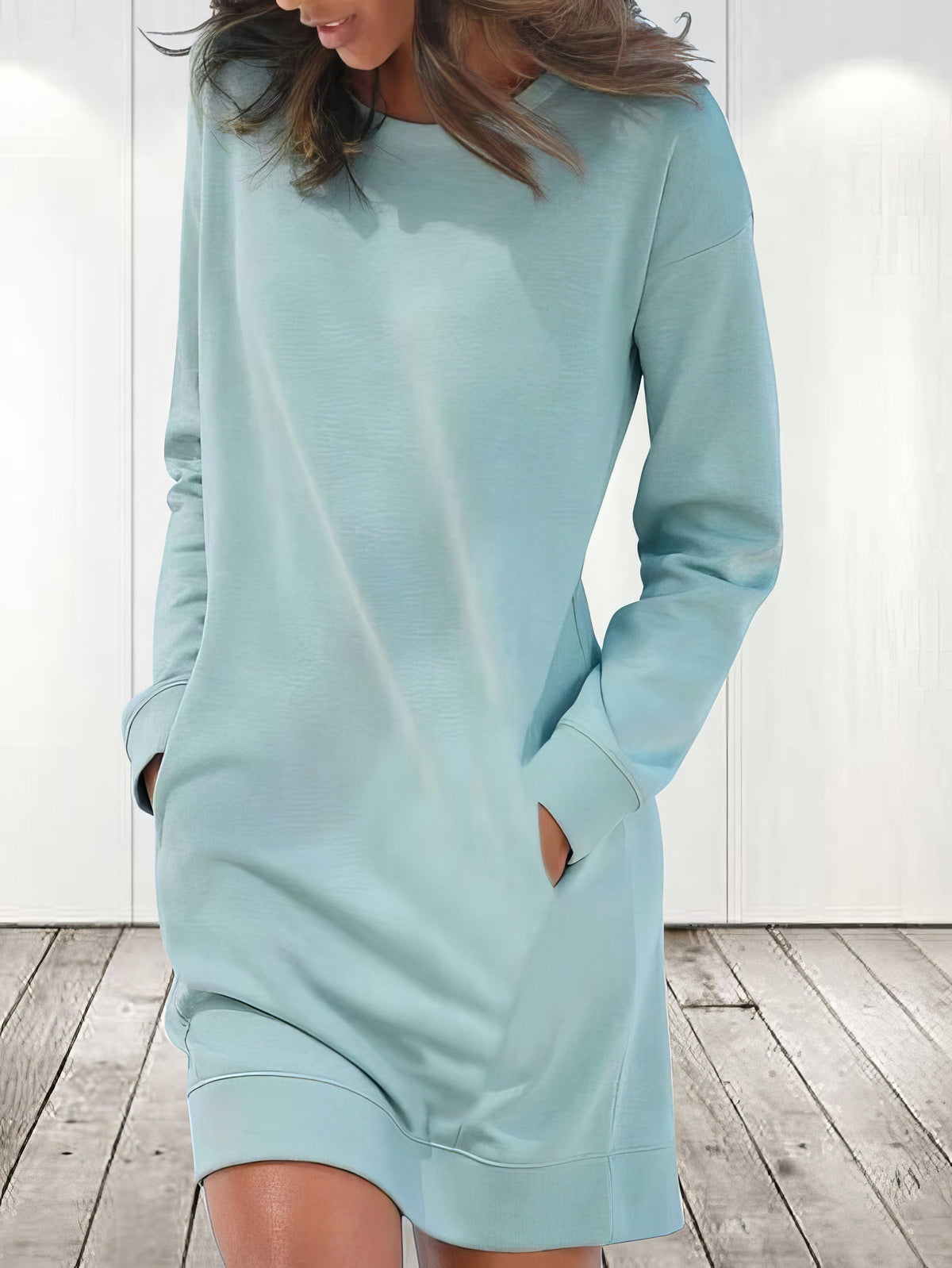 Crew Neck Drop Shoulder Long Sleeve Ribbed Cuff Pocket Mini Dress