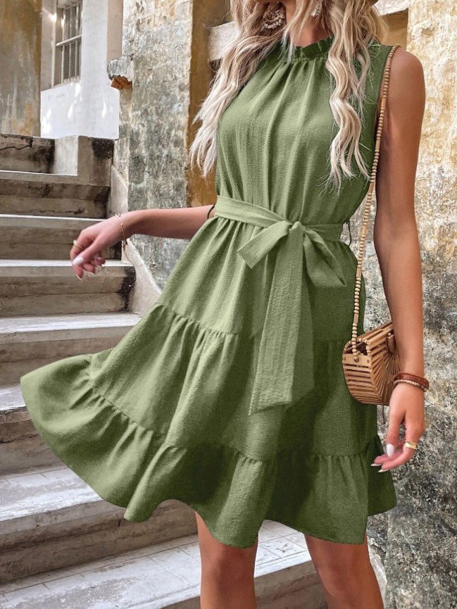 Mock Neck Sleeveless Belted Tiered Midi Dress