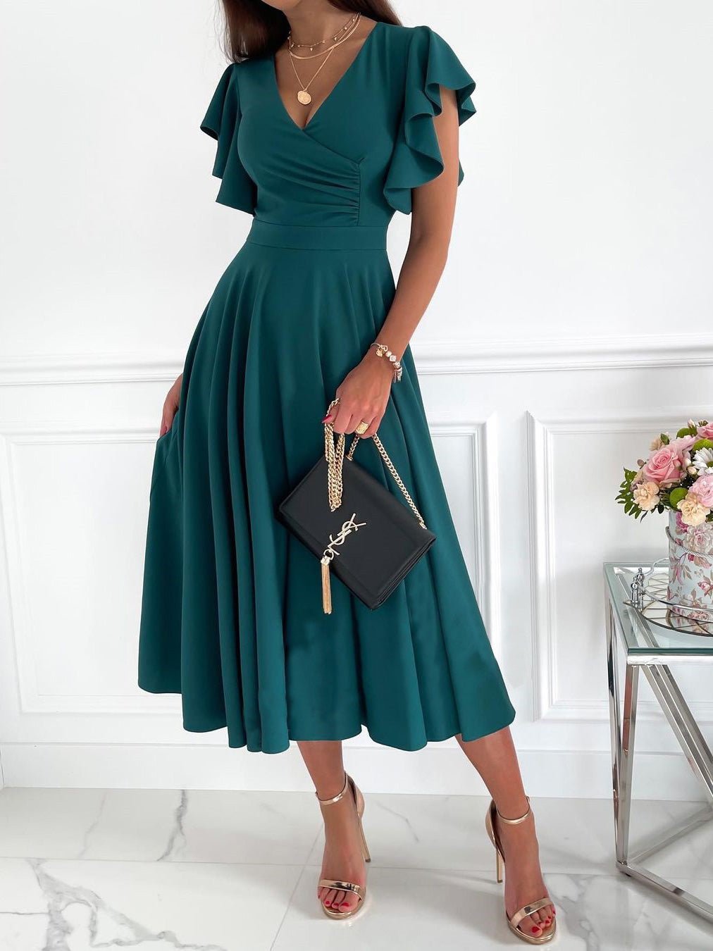 V-Neck Ruffle Sleeve Fit & Flare Midi Dress