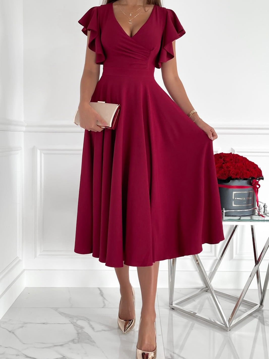 V-Neck Ruffle Sleeve Fit & Flare Midi Dress