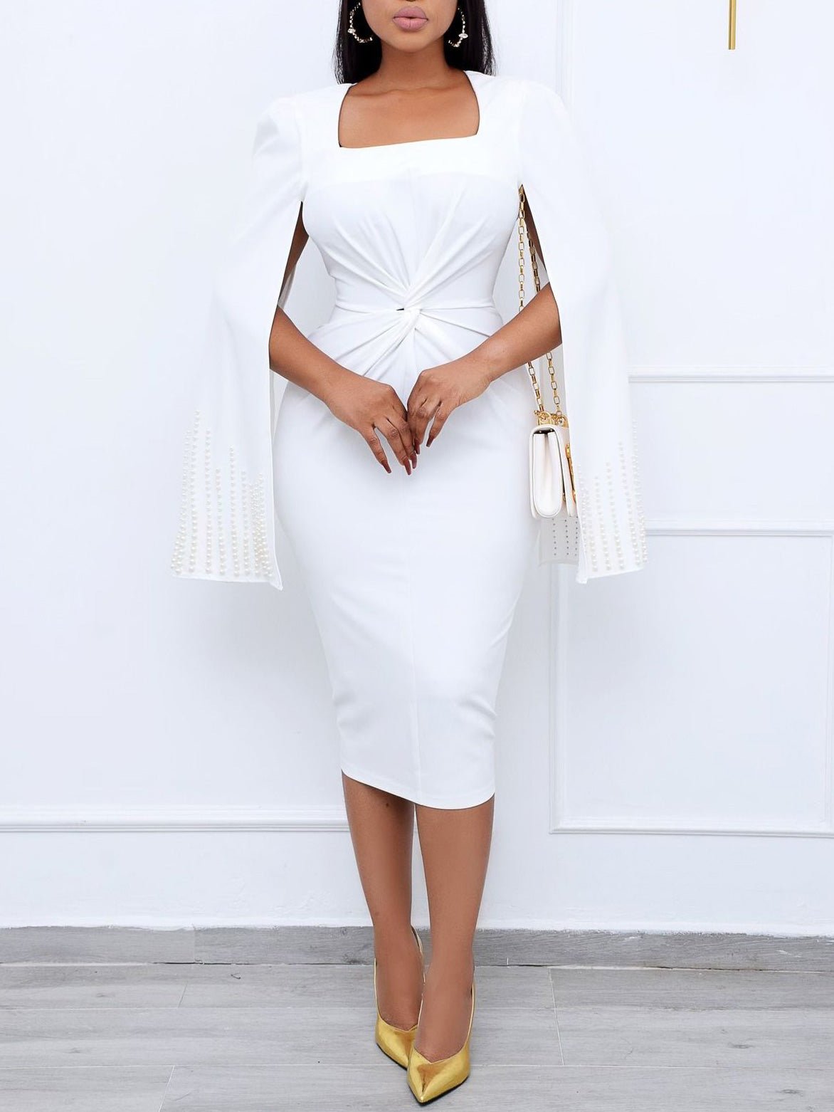 Square Neck Beaded Cape Sleeve Twist Waist Bodycon Midi Dress - View 3
