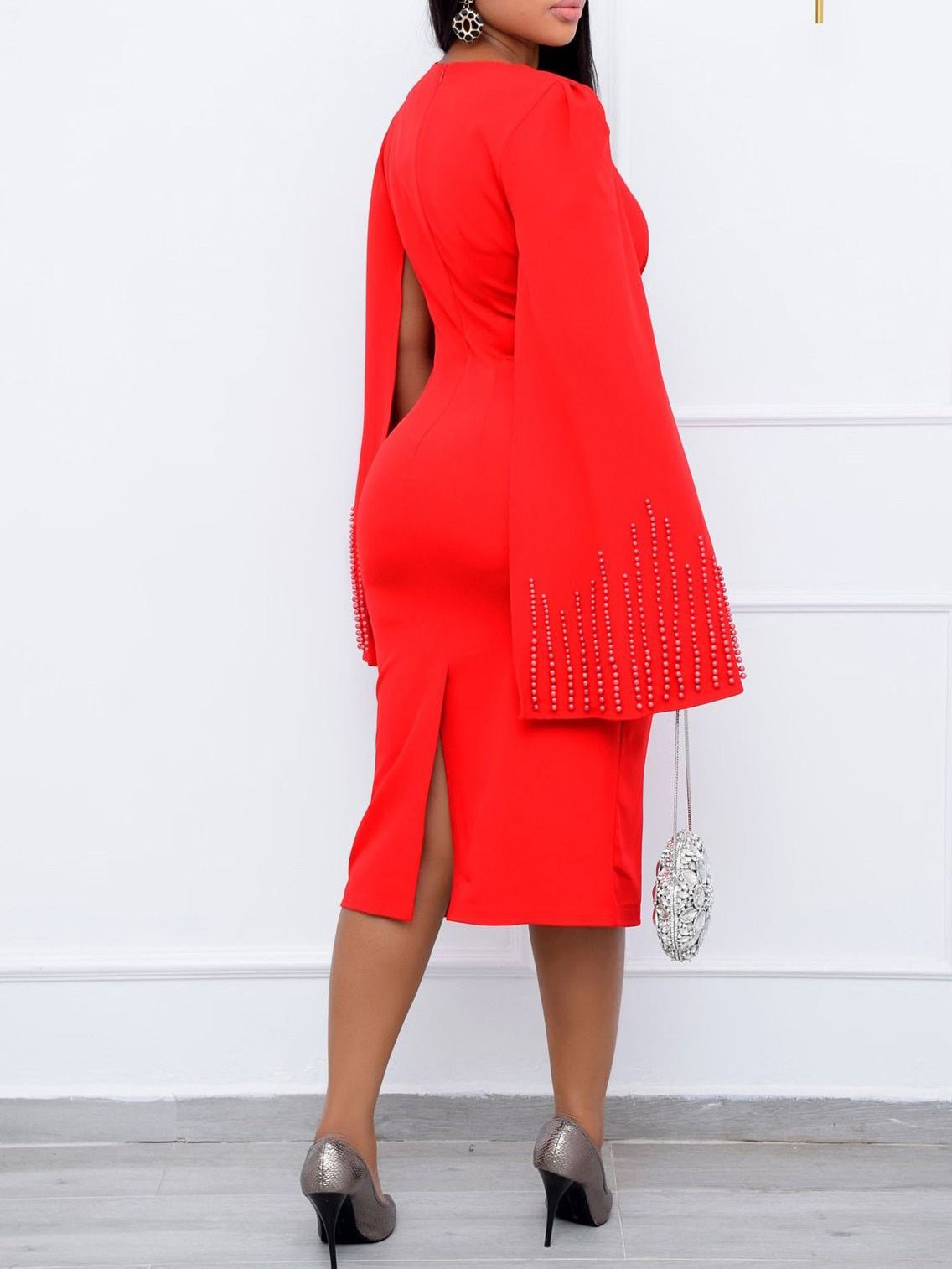 Square Neck Beaded Cape Sleeve Twist Waist Bodycon Midi Dress - View 4
