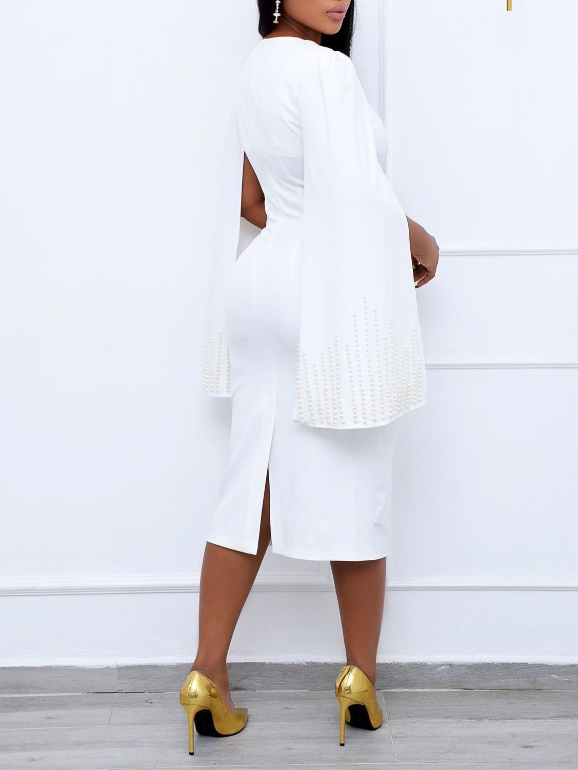 Square Neck Beaded Cape Sleeve Twist Waist Bodycon Midi Dress - View 6