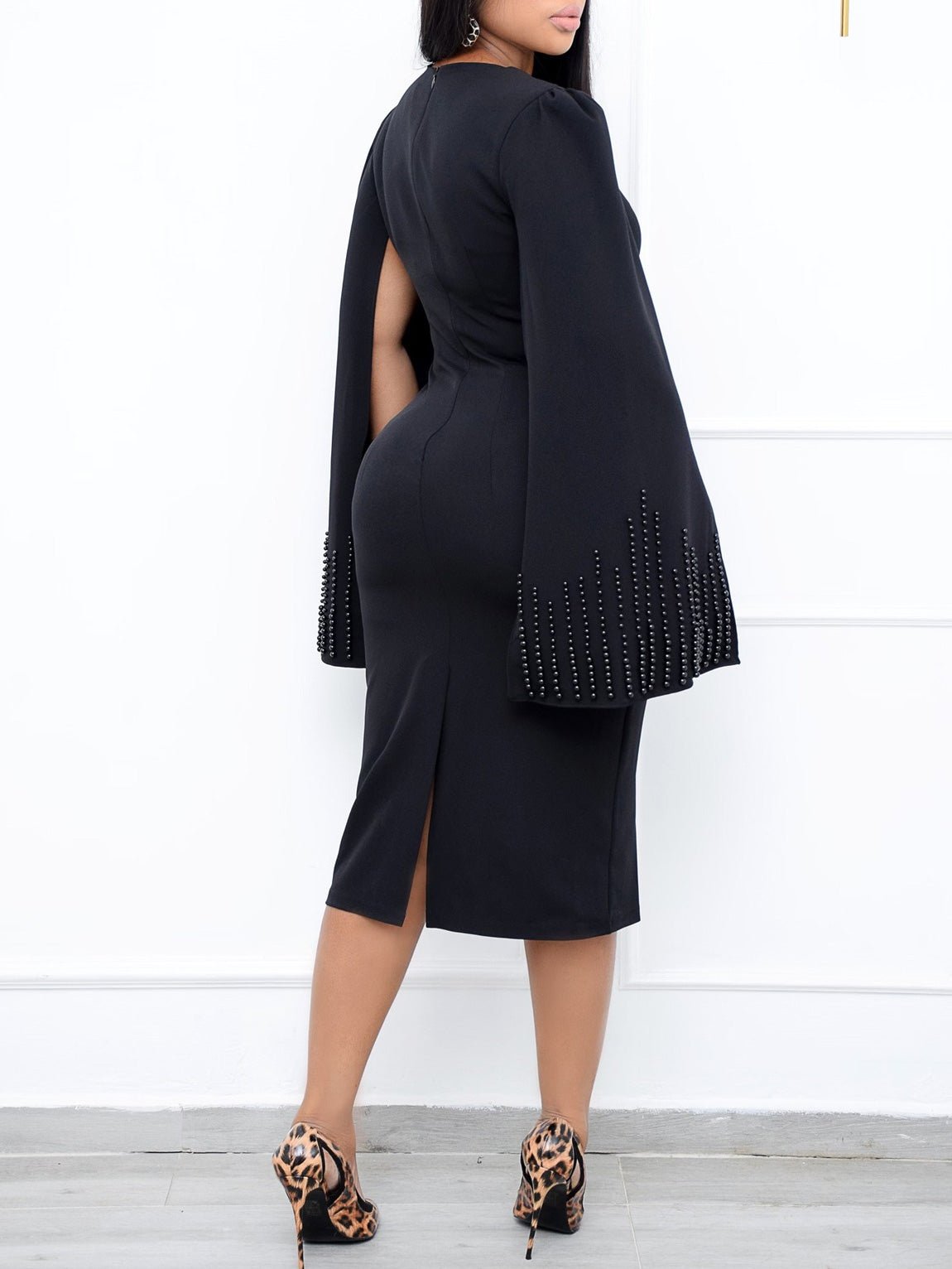 Square Neck Beaded Cape Sleeve Twist Waist Bodycon Midi Dress - View 5