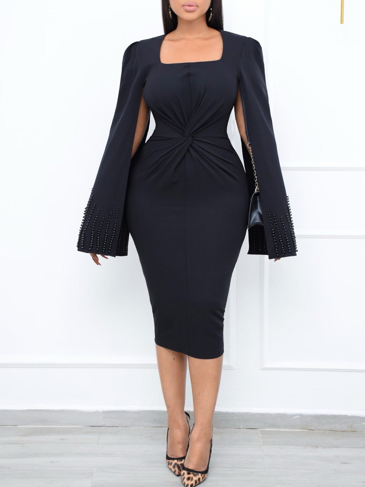 Square Neck Beaded Cape Sleeve Twist Waist Bodycon Midi Dress