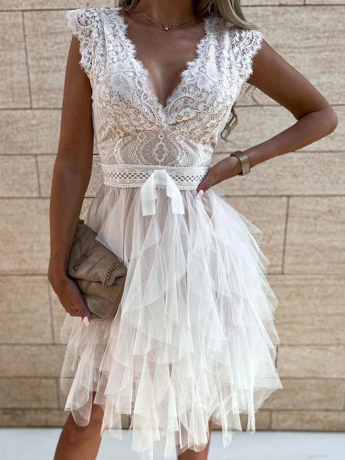 Lace V-Neck Bow Waist Tiered Tulle Ruffle Mini Dress