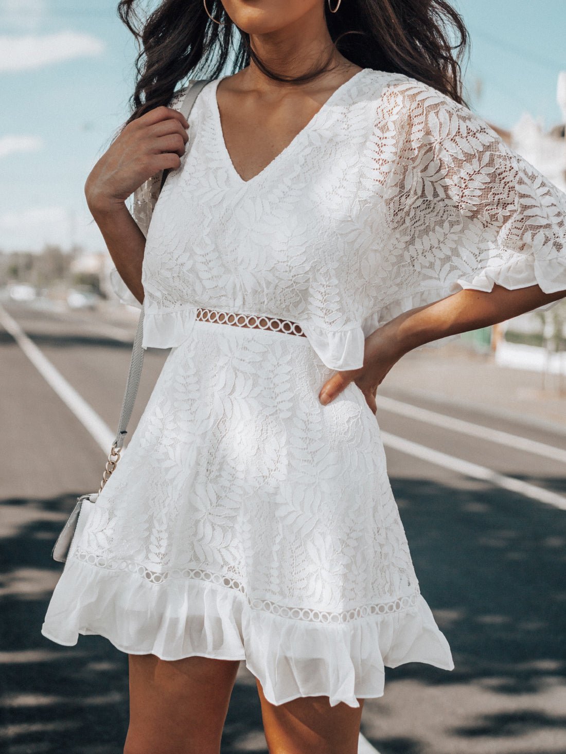 V Neck Lace Short Sleeve Ruffle Dress