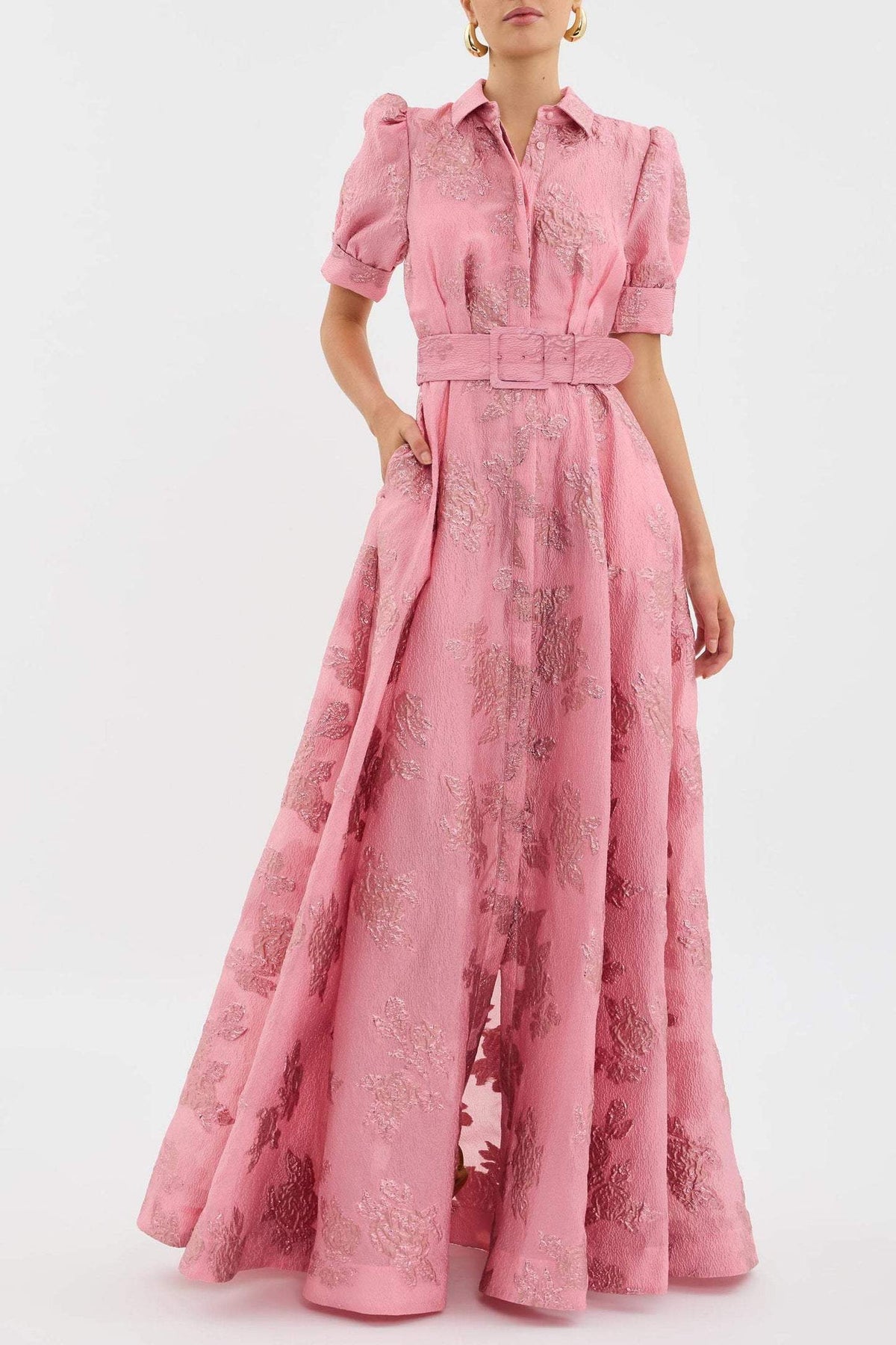 Floral Jacquard Collared Puff Sleeve Belted Maxi Dress