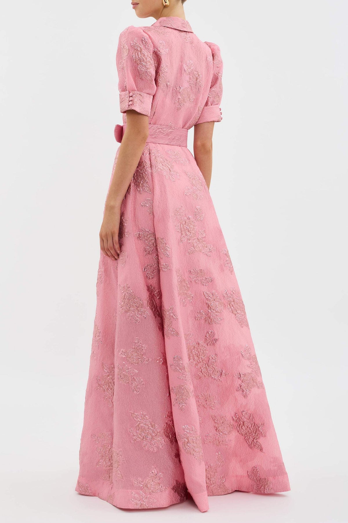 Floral Jacquard Collared Puff Sleeve Belted Maxi Dress 2