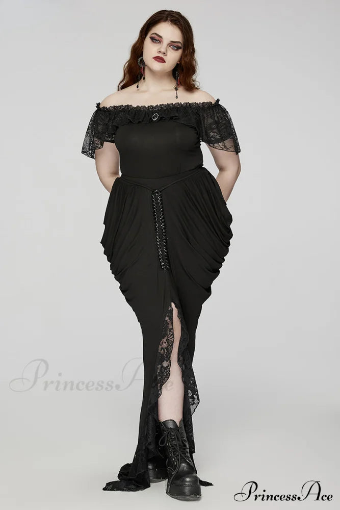 Women’s Gothic Knitted And Lace Hip Side Designed Pleat Long Elegance Personality Party Skirt