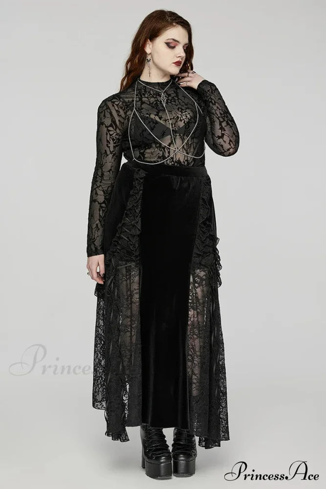 Women’s Gothic Staggered Lace Patchwork Ruffled Velvet Gorgeous Party Club Black Long Skirt Black