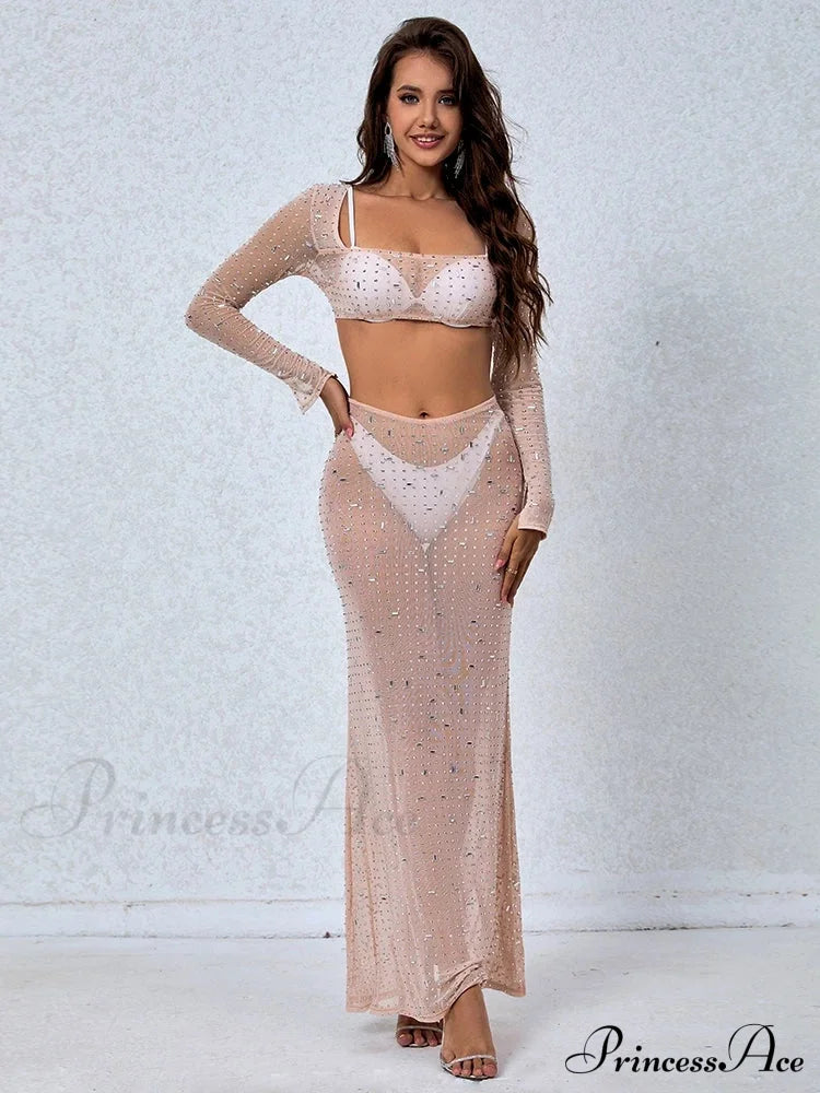 Women's Perspective Mesh Crystal Two Piece Set Square Neck Christmas Party Dress