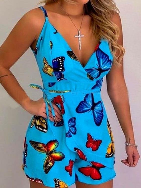 Slim Printed Suspender Shorts Jumpsuit  Fashionpara