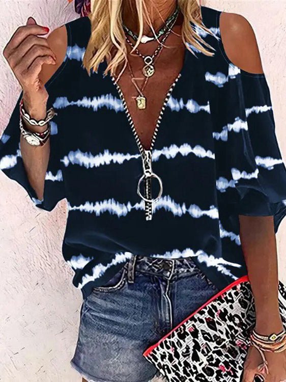 Striped Print Zip Off-Shoulder Mid-Sleeve T-Shirt