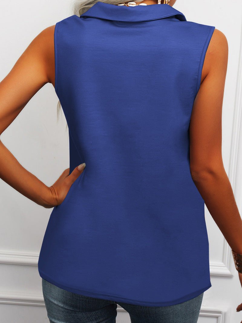 Solid Lapel Zip Sleeveless Tank Top