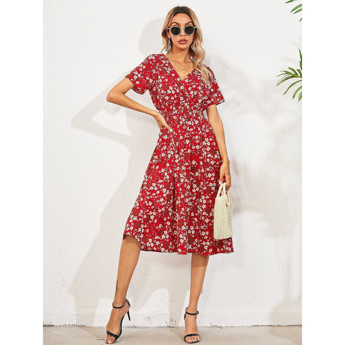 Women's V Neck Casual Boho Loose Midi Dress Red __stock:200 casual dresses clothes dresses refund_fee:1200 show-color-swatches