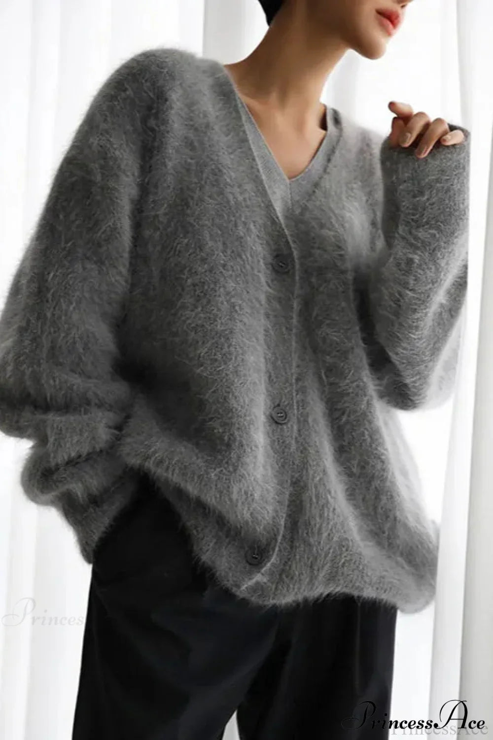 Wool Loose V-neck Long Sleeve Cardigan