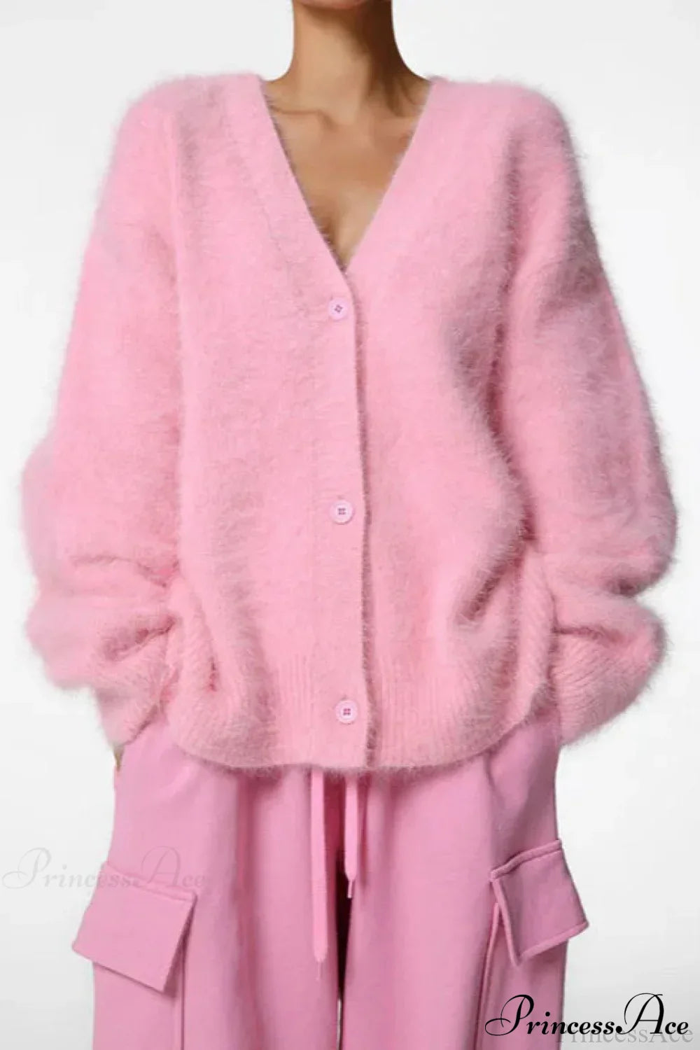 Wool Loose V-neck Long Sleeve Cardigan Pink / S