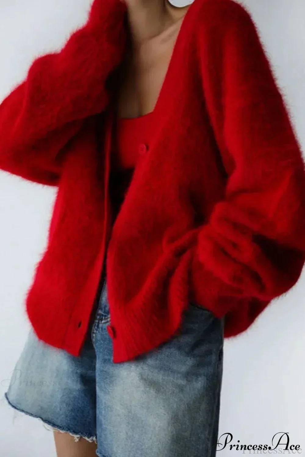 Wool Loose V-neck Long Sleeve Cardigan Red / S