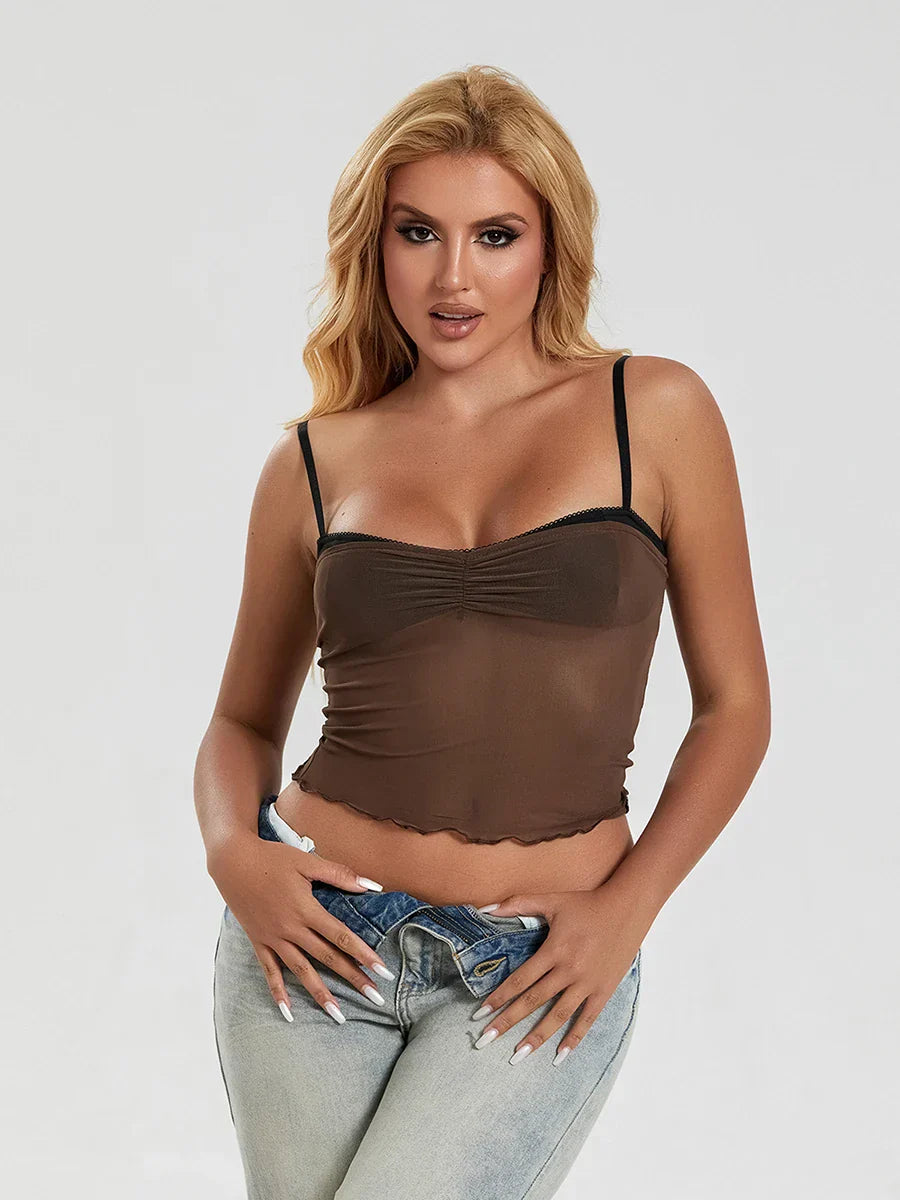 Mesh Ruched Color Patch Spaghetti Strap Crop Top