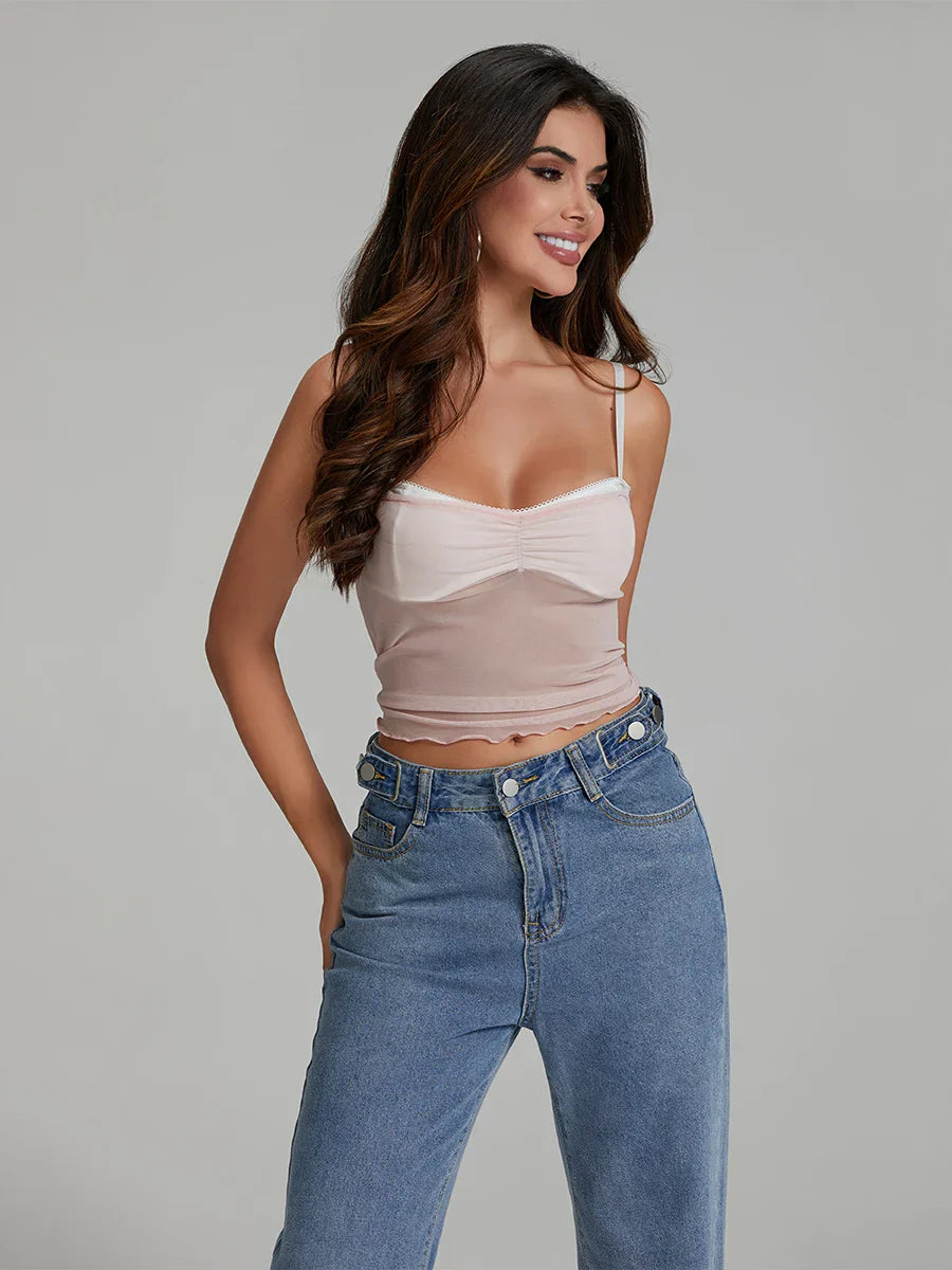 Mesh Ruched Color Patch Spaghetti Strap Crop Top