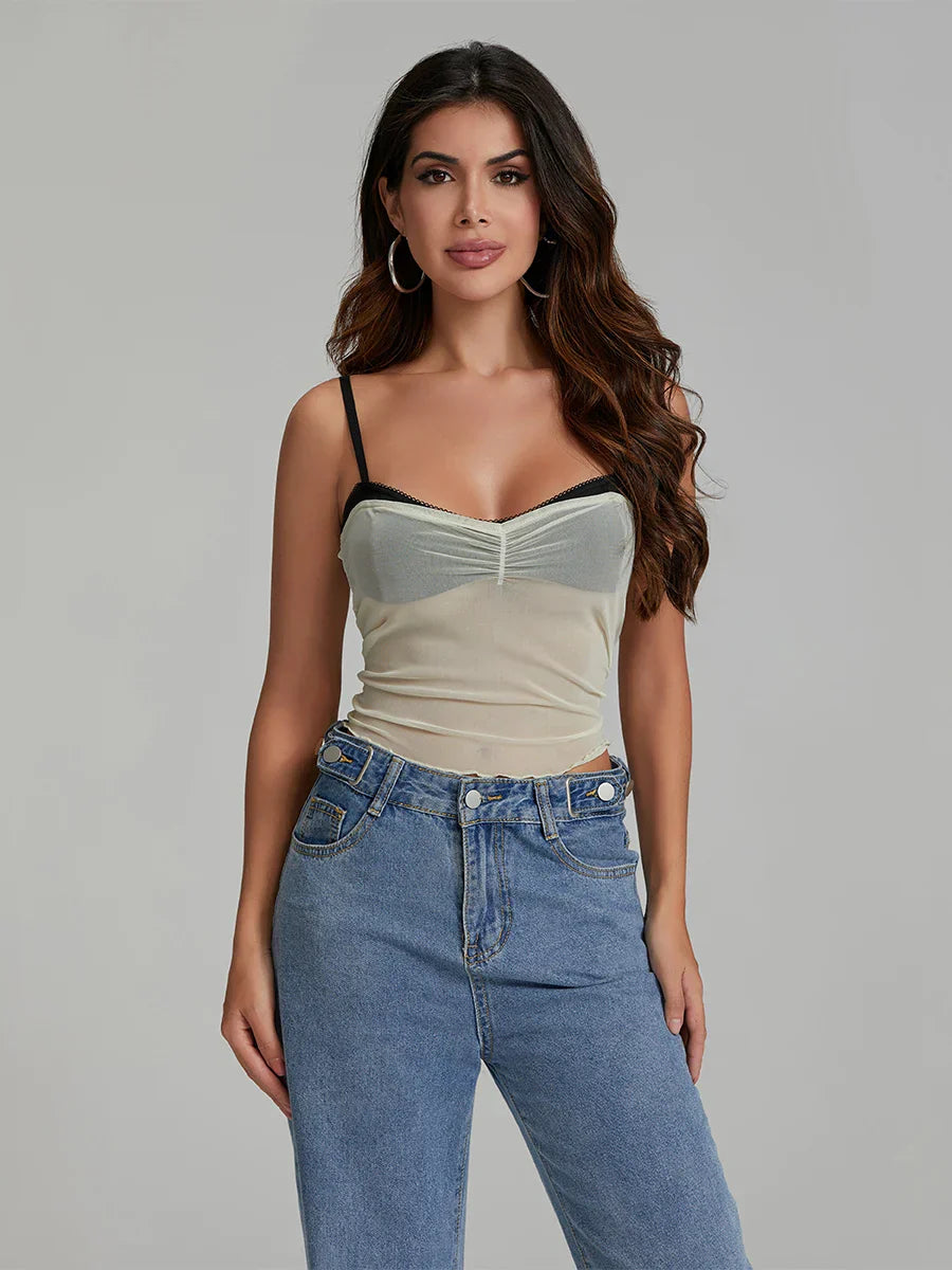 Mesh Ruched Color Patch Spaghetti Strap Crop Top