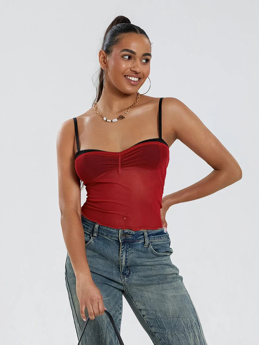 Mesh Ruched Color Patch Spaghetti Strap Crop Top