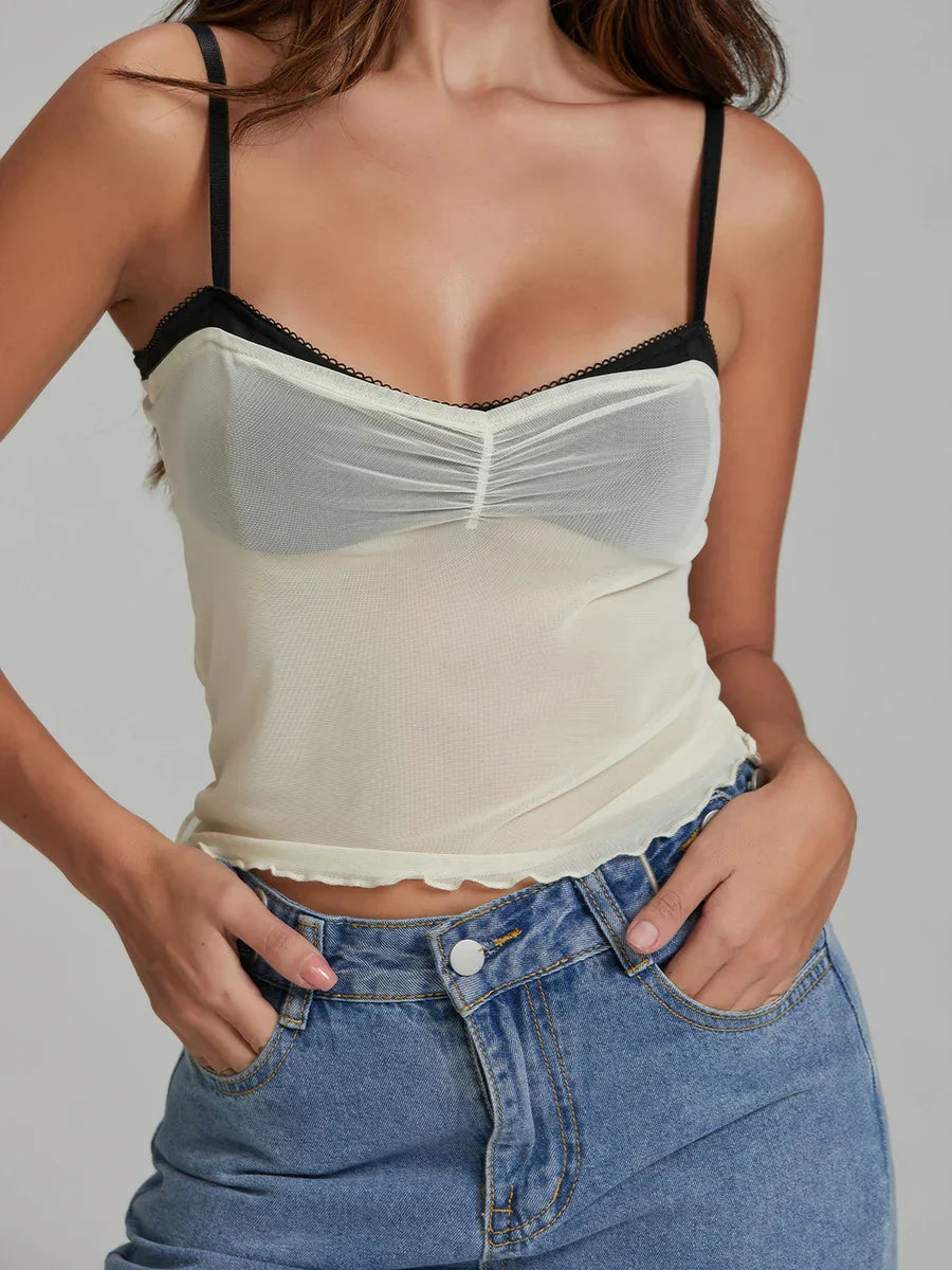 Mesh Ruched Color Patch Spaghetti Strap Crop Top