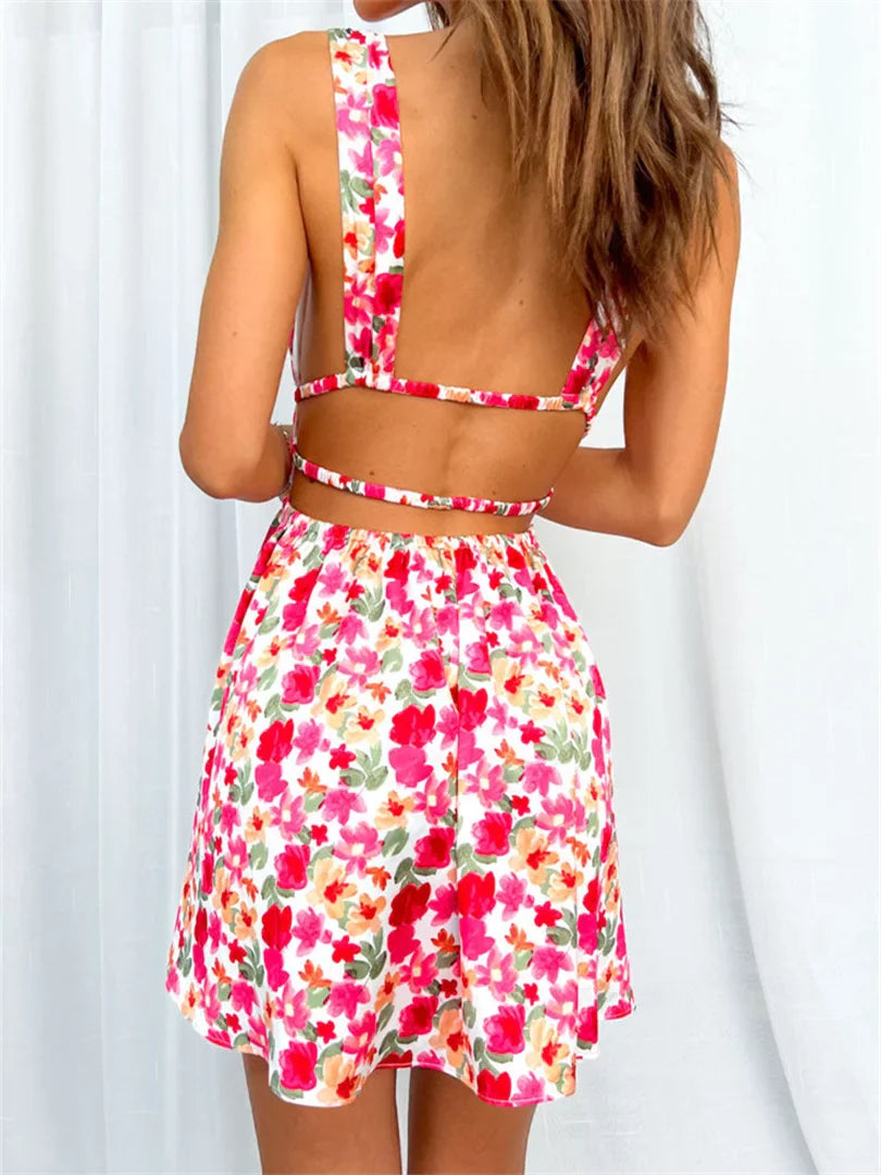 Backless Flower Print Sleeveless Deep V Mini A-Line Floral Dress
