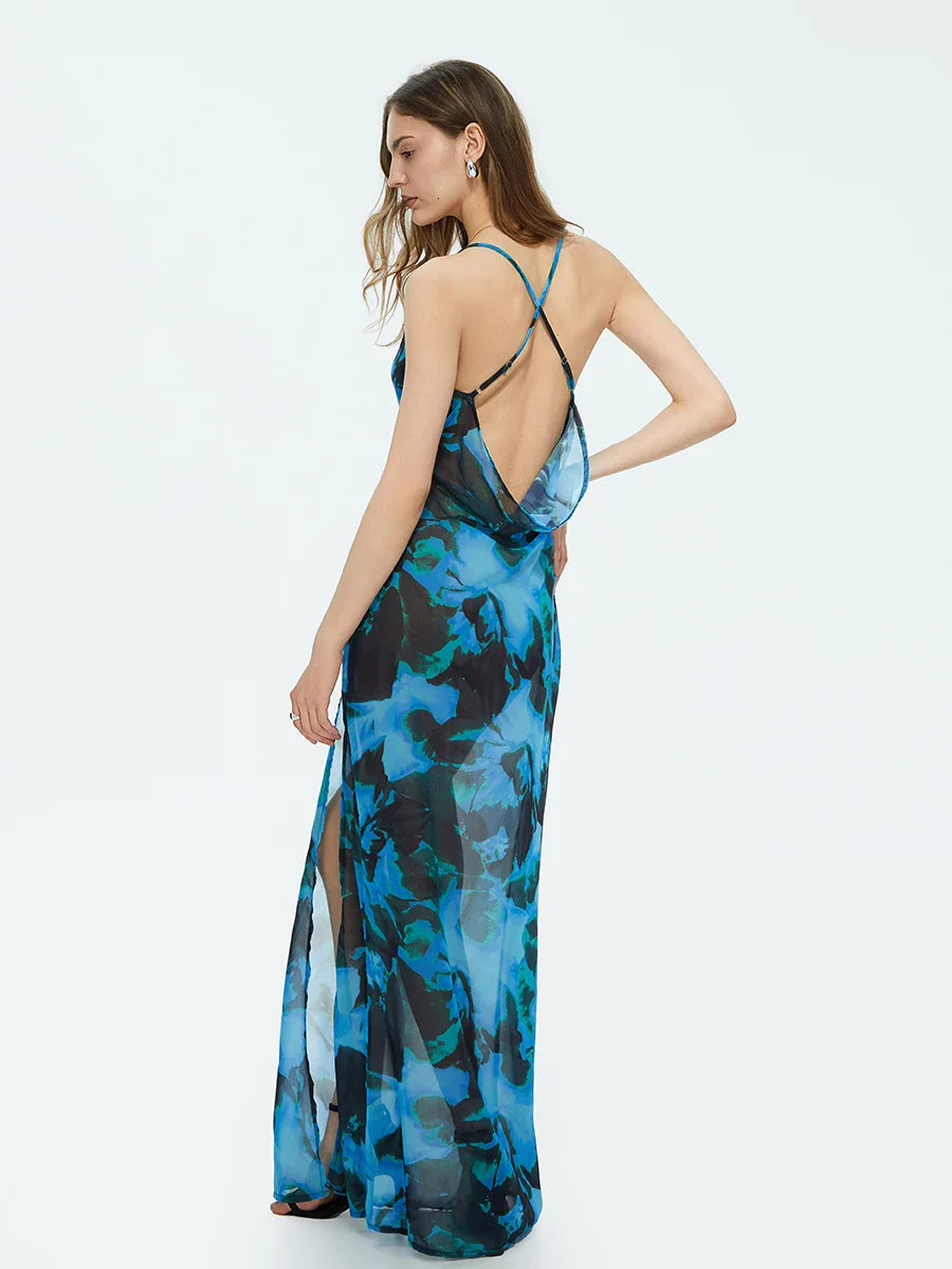 Tie-dyed Suspender Backless Floral Dress
